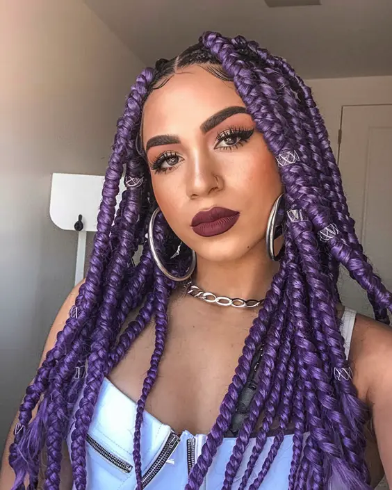 Vibrant Purple Box Braids with Accessories: Bright Spring Hair Color Ideas 2025